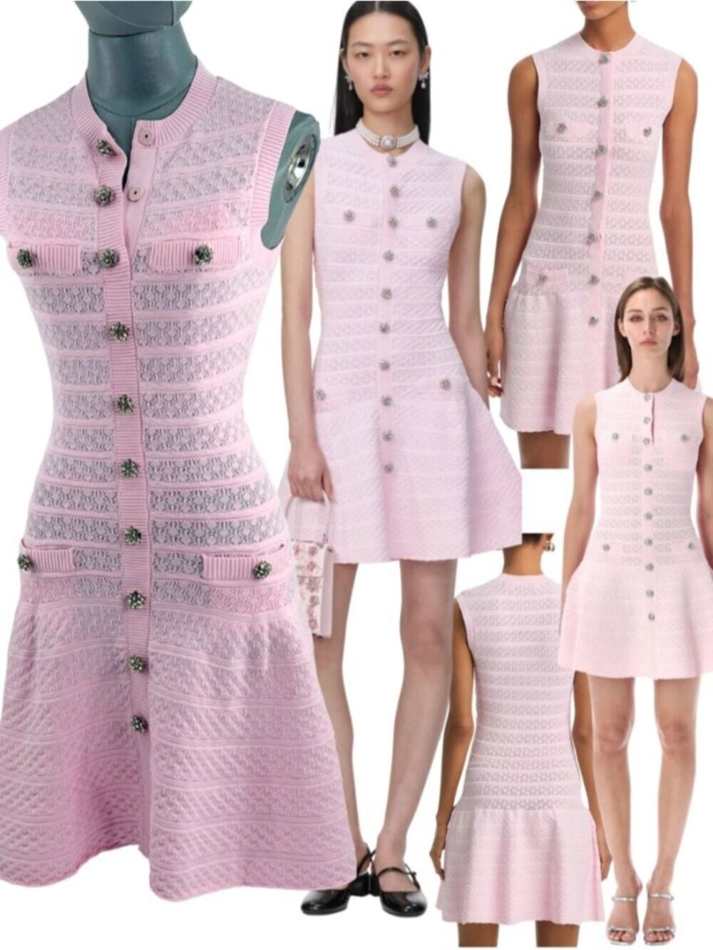 🆕 SELF-PORTRAIT 🧿 NWOT Pink Pointelle Diamante Button Knit Mini Dress, Sz XS